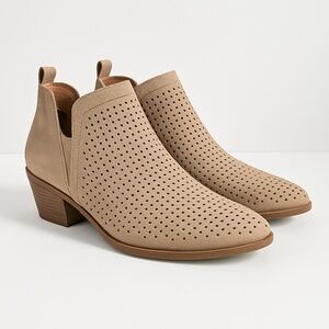 Chic Taupe Suede Ankle Booties – Perforated Detail, Size 8
